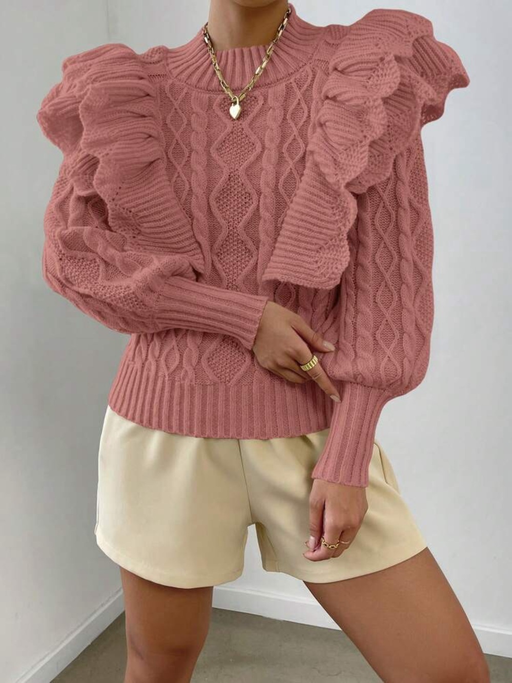 SHEIN ruffle shoulder cable knit sweater
